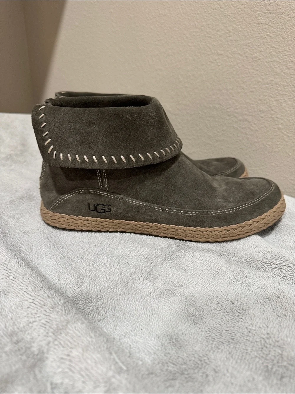 UGG Women Olive Green Suede Ankle Boots with Braided Trim